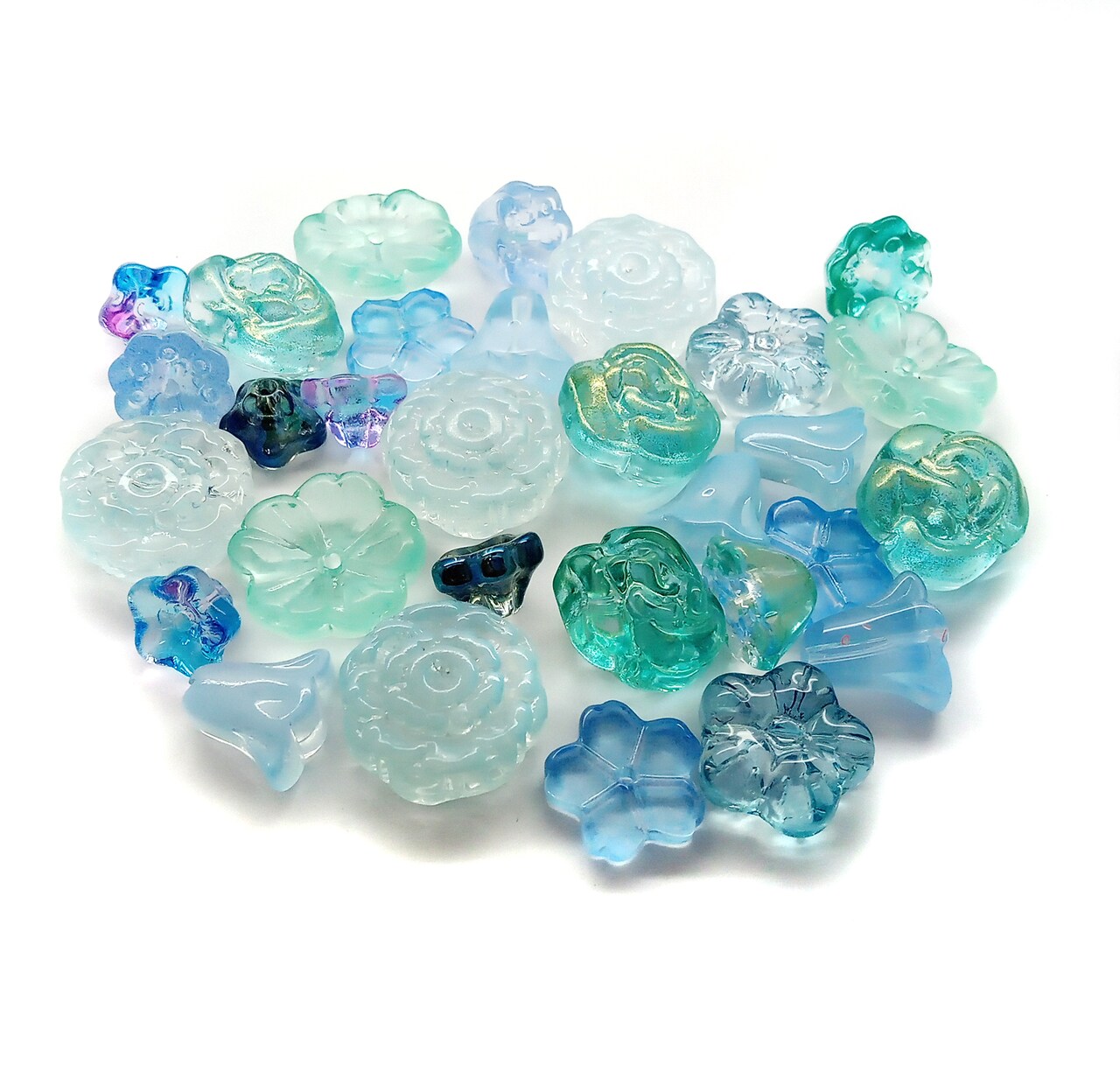 Glass Flower Beads, 30 pcs, Small Blue & Green Mix, Assorted Styles, 8mm to 15mm, Adorabilities